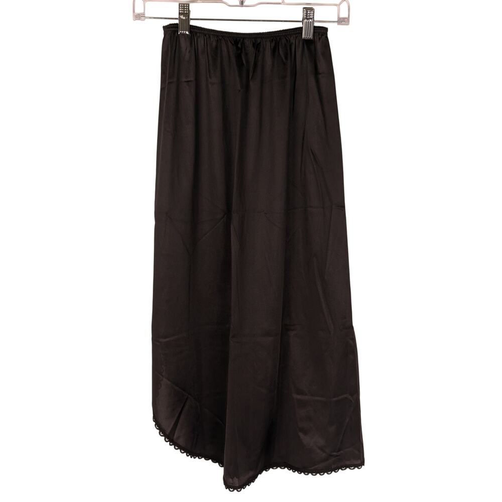 Vintage Warners Black Nylon Half Slip Midi Skirt Lace Trim Slit Style 55308 Sz M